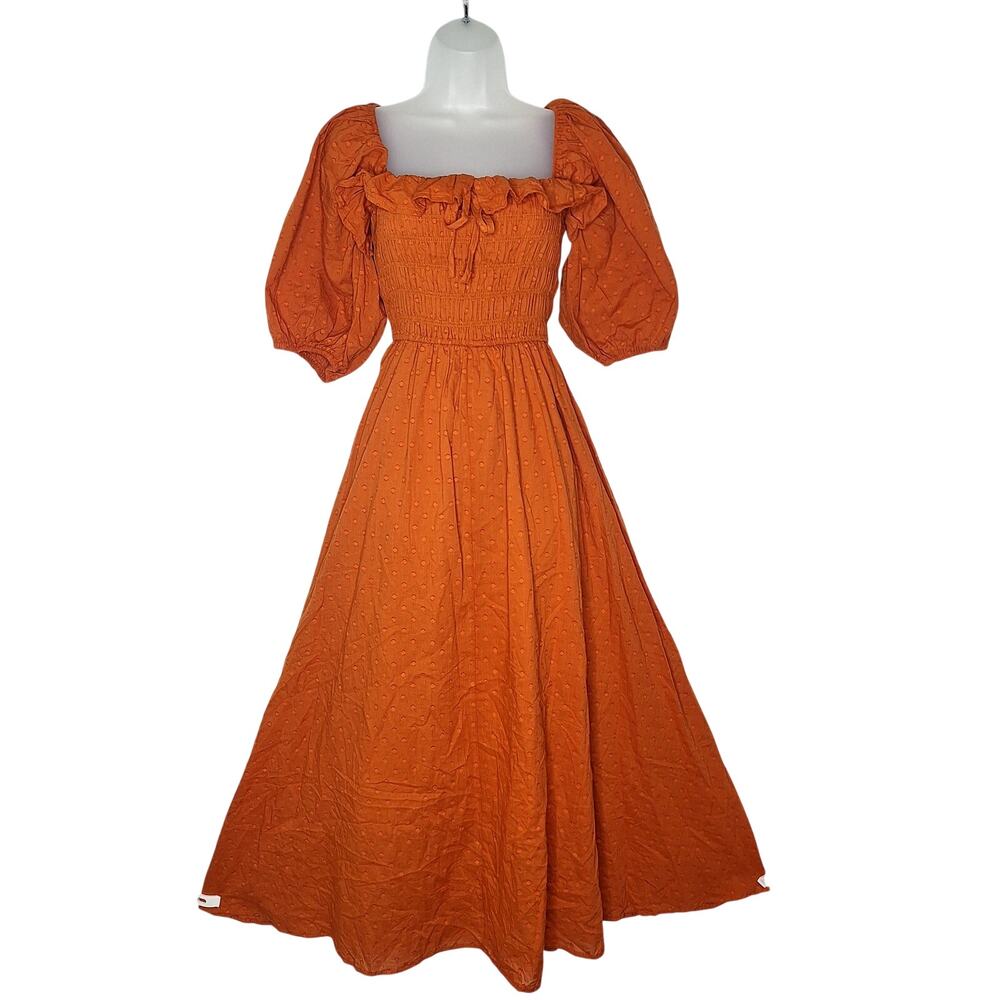 R. Vivimos Square Neck Maxi Dress Cotton Rust Ruffle Smocked XL 16/18 Cottage